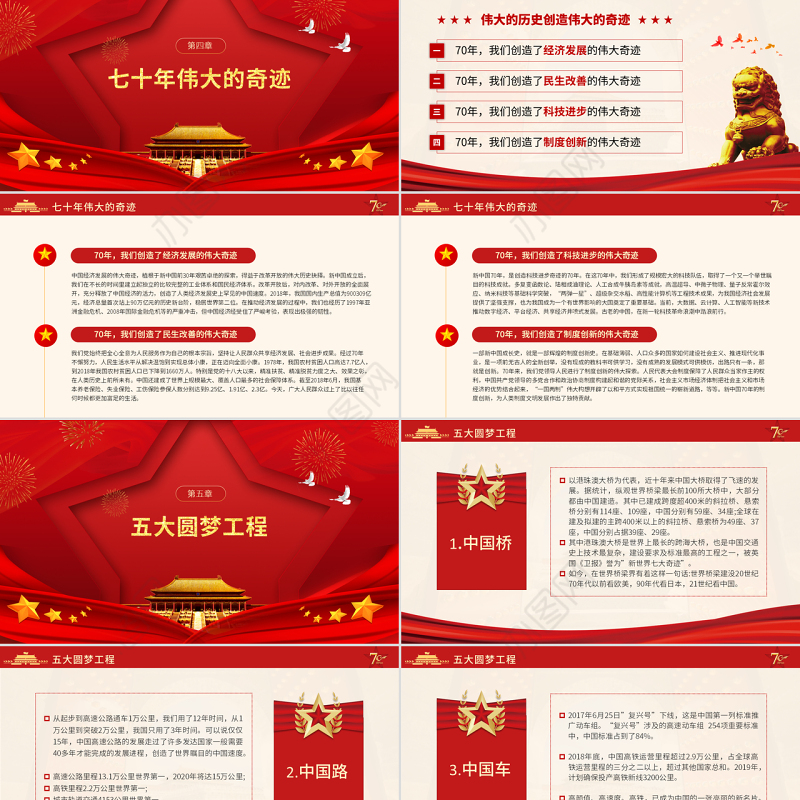 原创党政党建党课新中国成立70周年壮丽七十载奋进新时代PPT模板-版权可商用