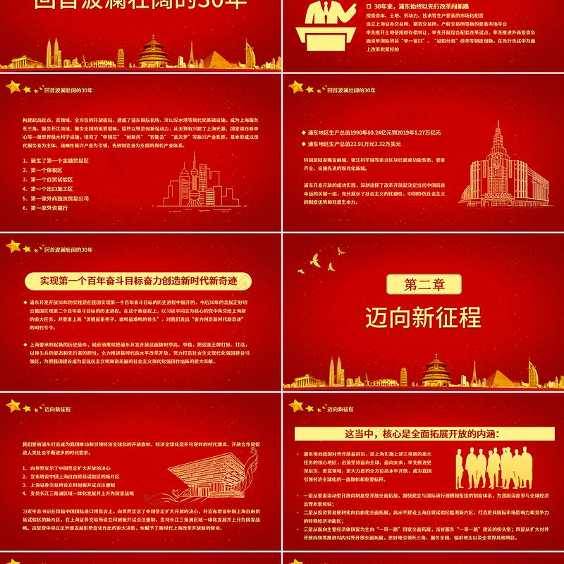 红色五角星地域党课之上海浦东开发开放三十周年宣传PPT模板