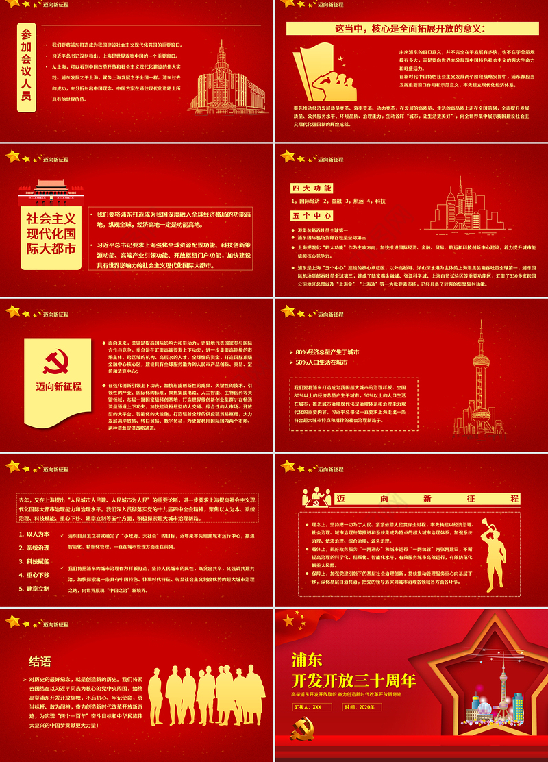 红色五角星地域党课之上海浦东开发开放三十周年宣传PPT模板