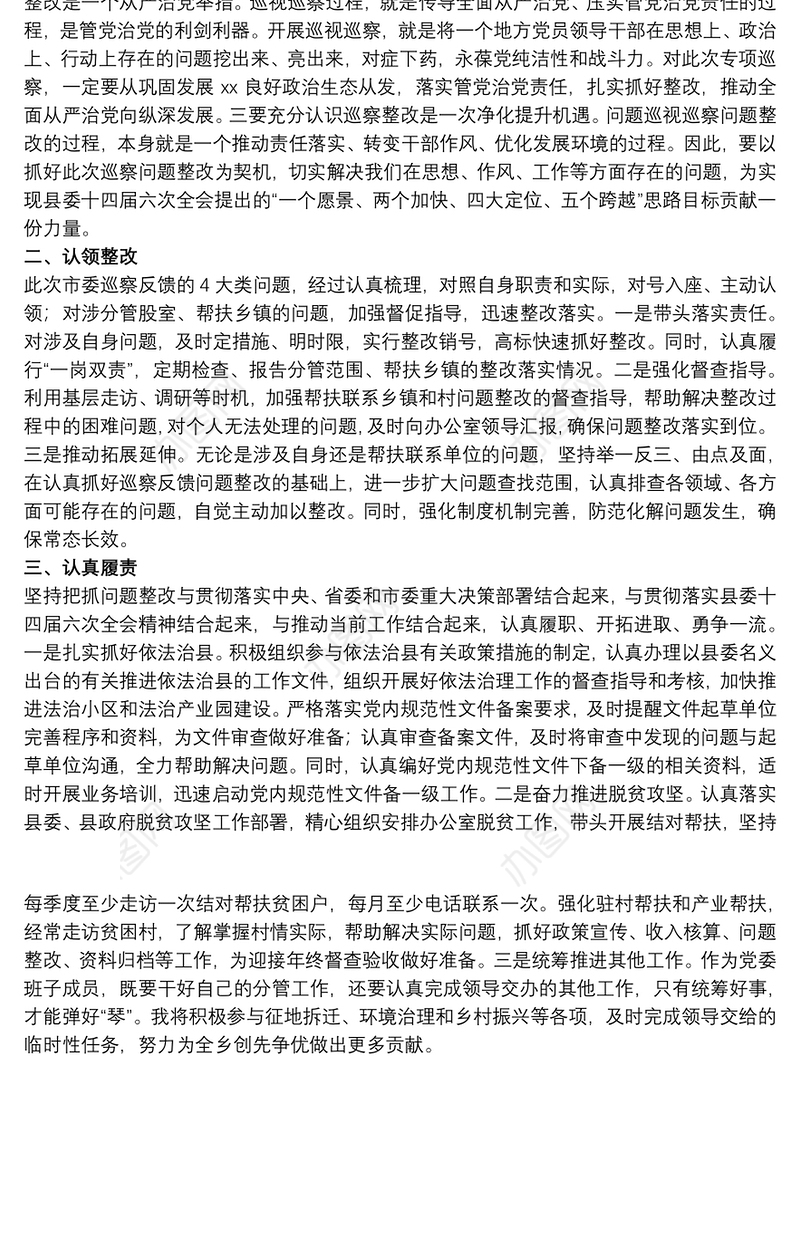 乡镇领导班子2021巡察整改专题民主生活会学习研讨发言材料范文