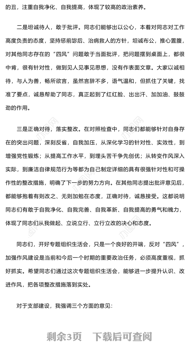 党支部专题组织生活会上的点评材料