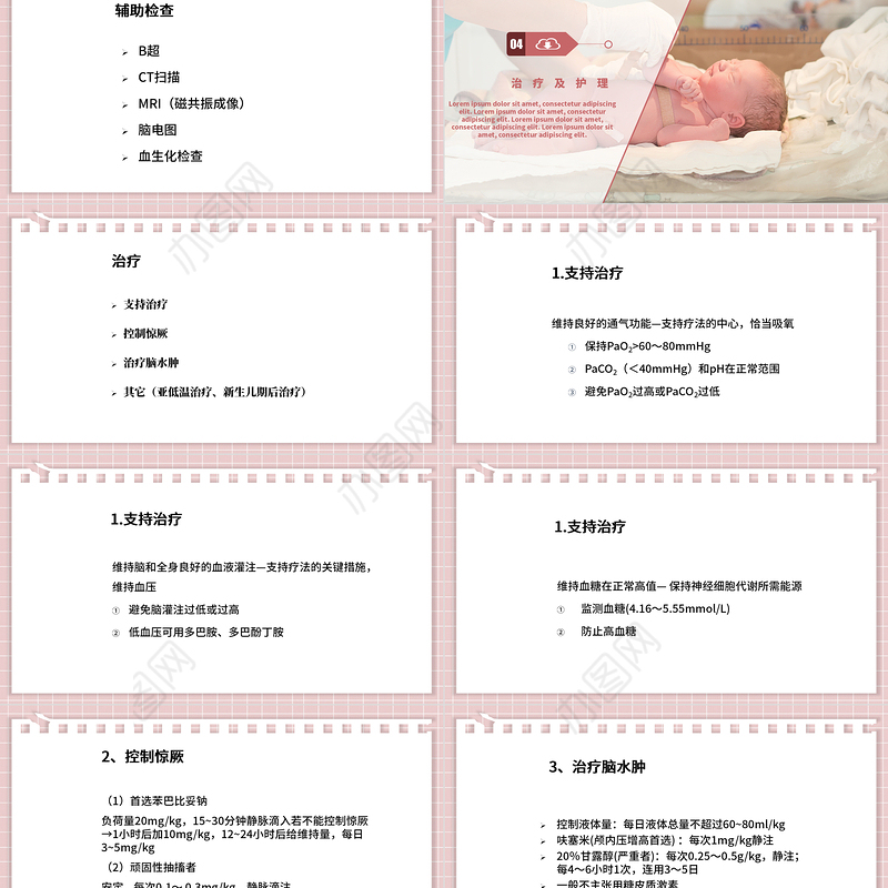 2022新生儿缺氧缺血性脑病PPT创意清新医疗教学各种疾病医理PPT模板