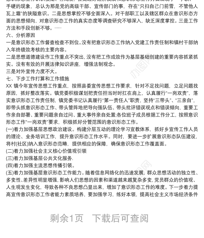 通用版乡镇党委关于意识形态工作自查报告