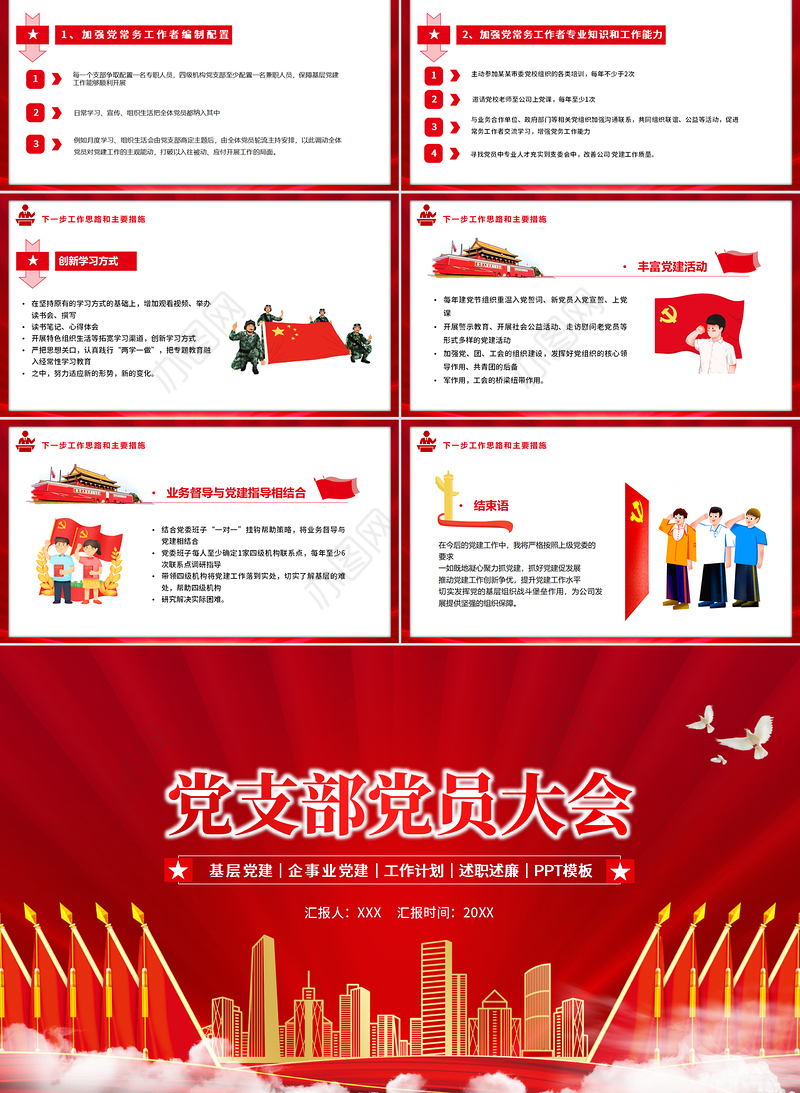 党支部党员大会PPT红色简约基层党建企事业党建工作计划述职述廉专题党课课件模板