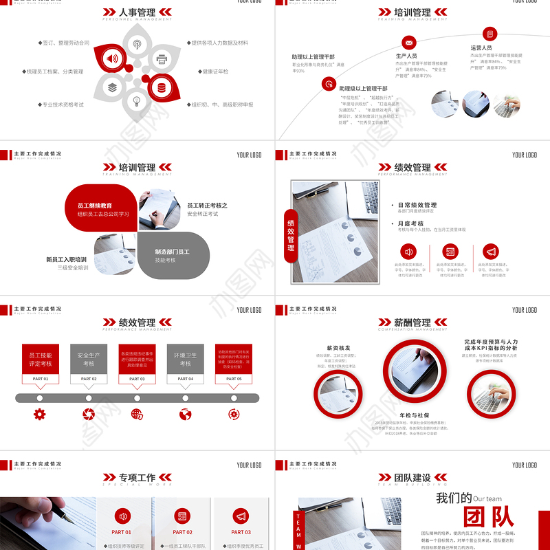 2023红色扁平化原创人事行政年终总结工作总结ppt模板
