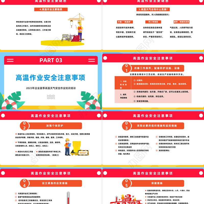 2023高温作业安全PPT卡通风企业夏季高温天气安全作业知识培训课件模板下载