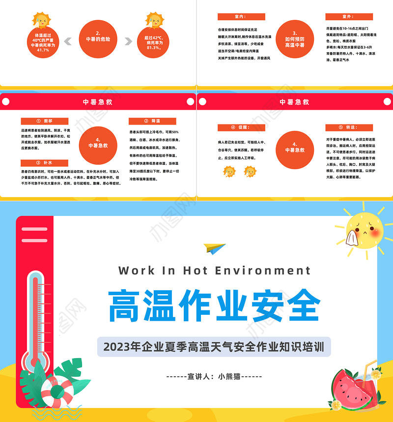 2023高温作业安全PPT卡通风企业夏季高温天气安全作业知识培训课件模板下载