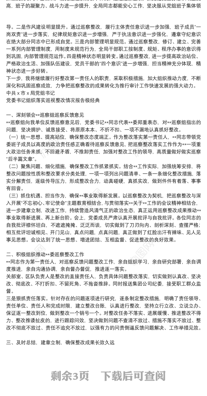 党委书记组织落实巡视整改情况报告最新