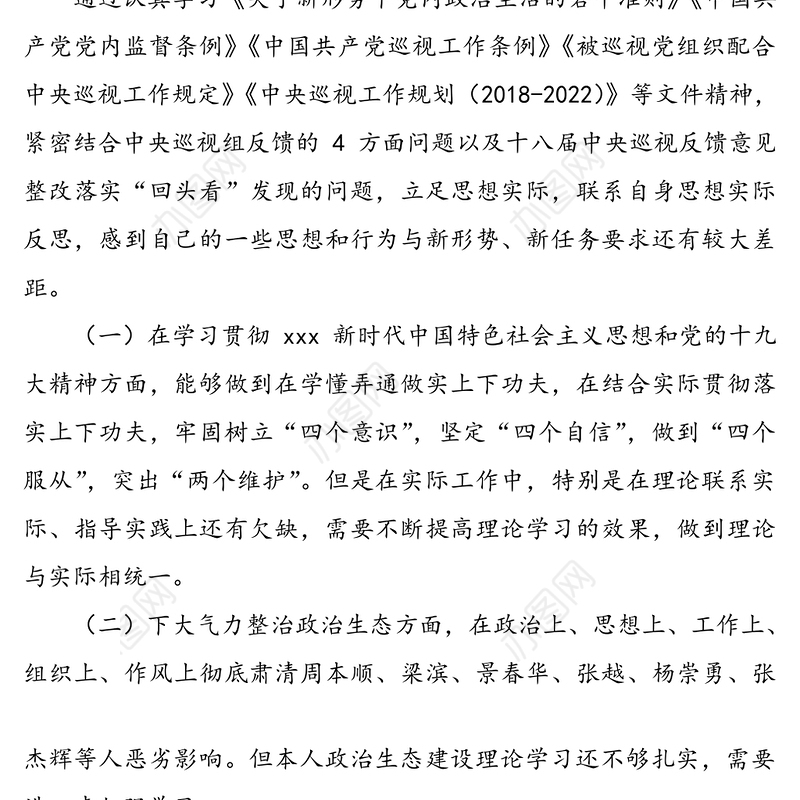 领导班子成员巡视整改专题生活会个人对照检查材料范文巡视工作