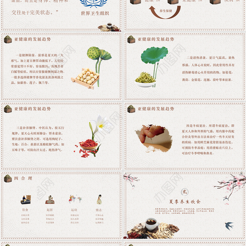 2022夏季养生简约插画风四季养生通用PPT模板