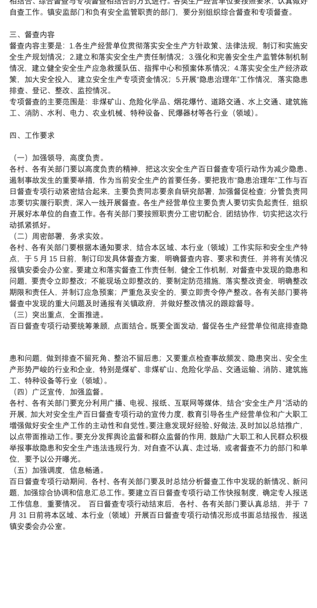 乡镇开展安全生产百日督查专项行动方案