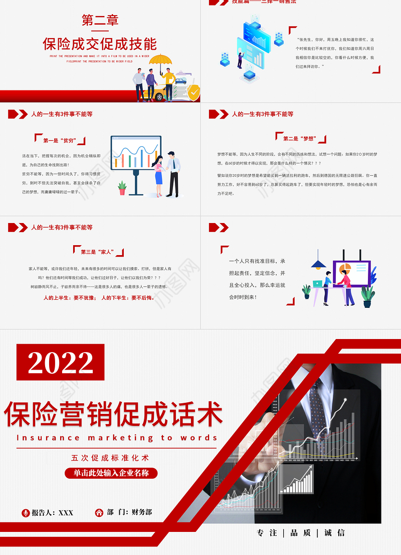 2022保险营销促成话术PPT红色简约风保险行业五次促成标准化术培训模板