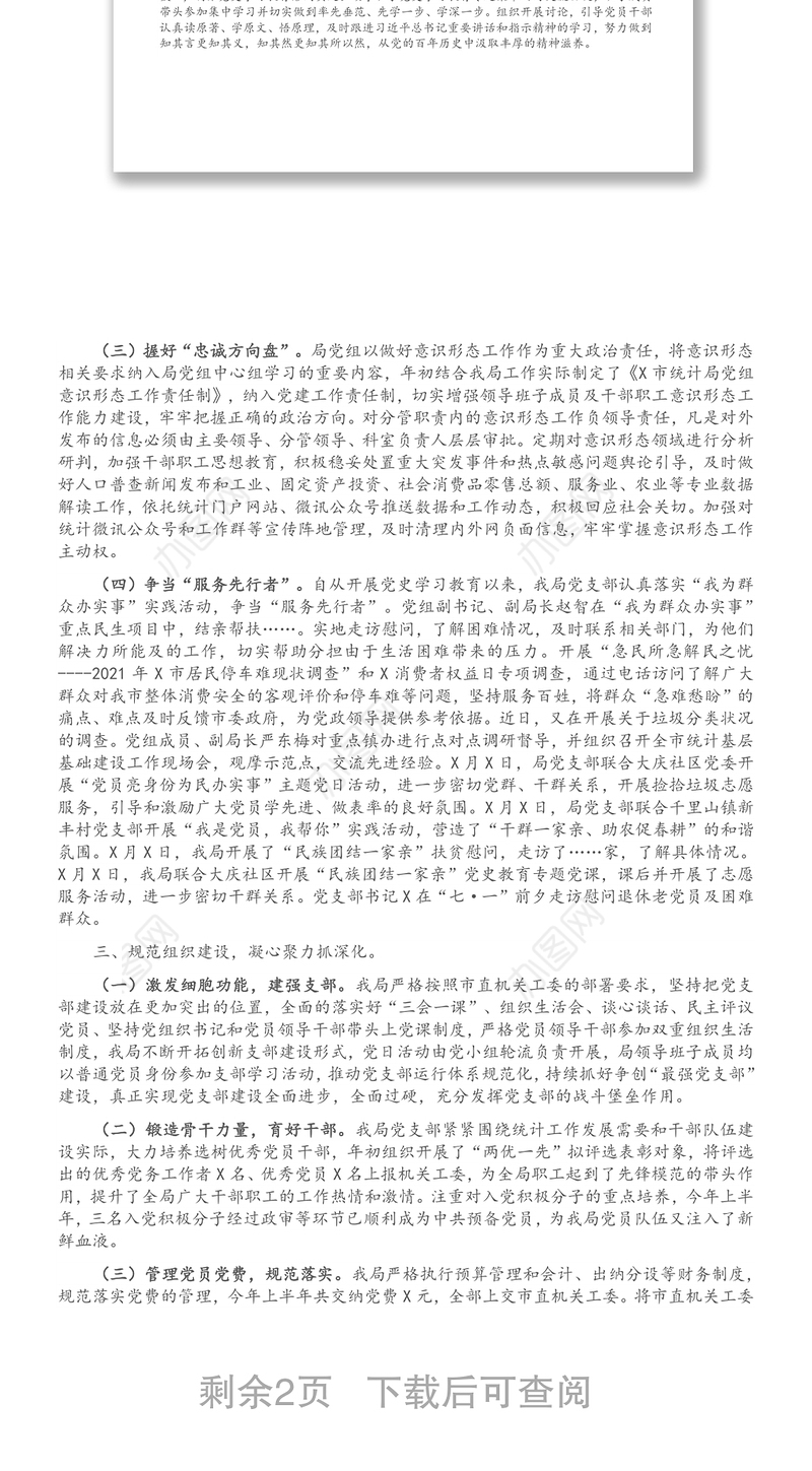 X市统计局党支部2021年上半年党建工作总结