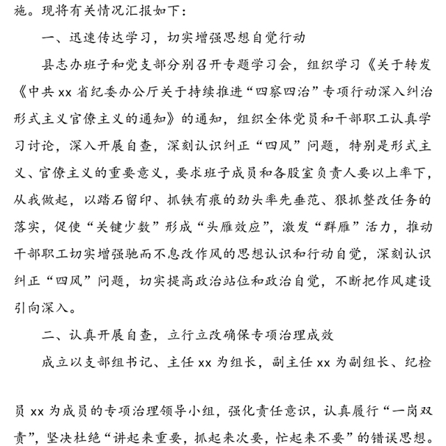 关于开展四察四治专项行动深入纠治形式主义官僚主义的自查报告
