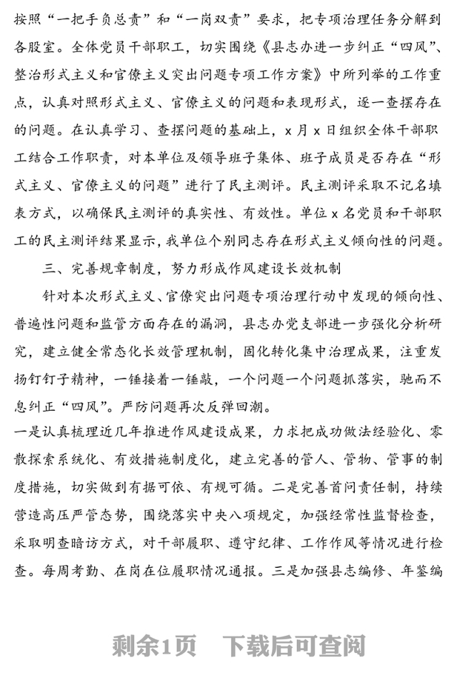 关于开展四察四治专项行动深入纠治形式主义官僚主义的自查报告