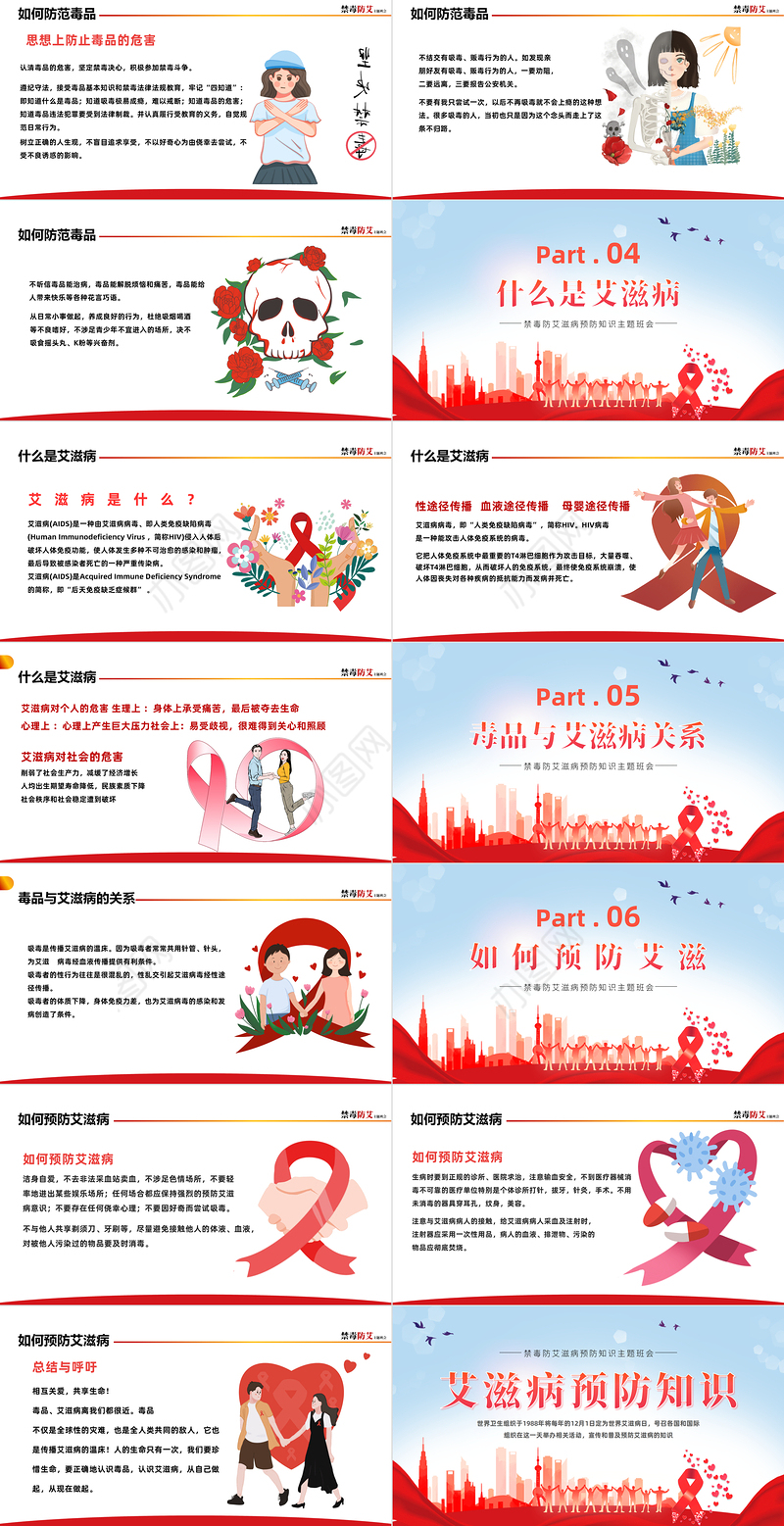 2022禁毒防艾PPT卡通风艾滋病预防知识宣讲主题班会课件模板