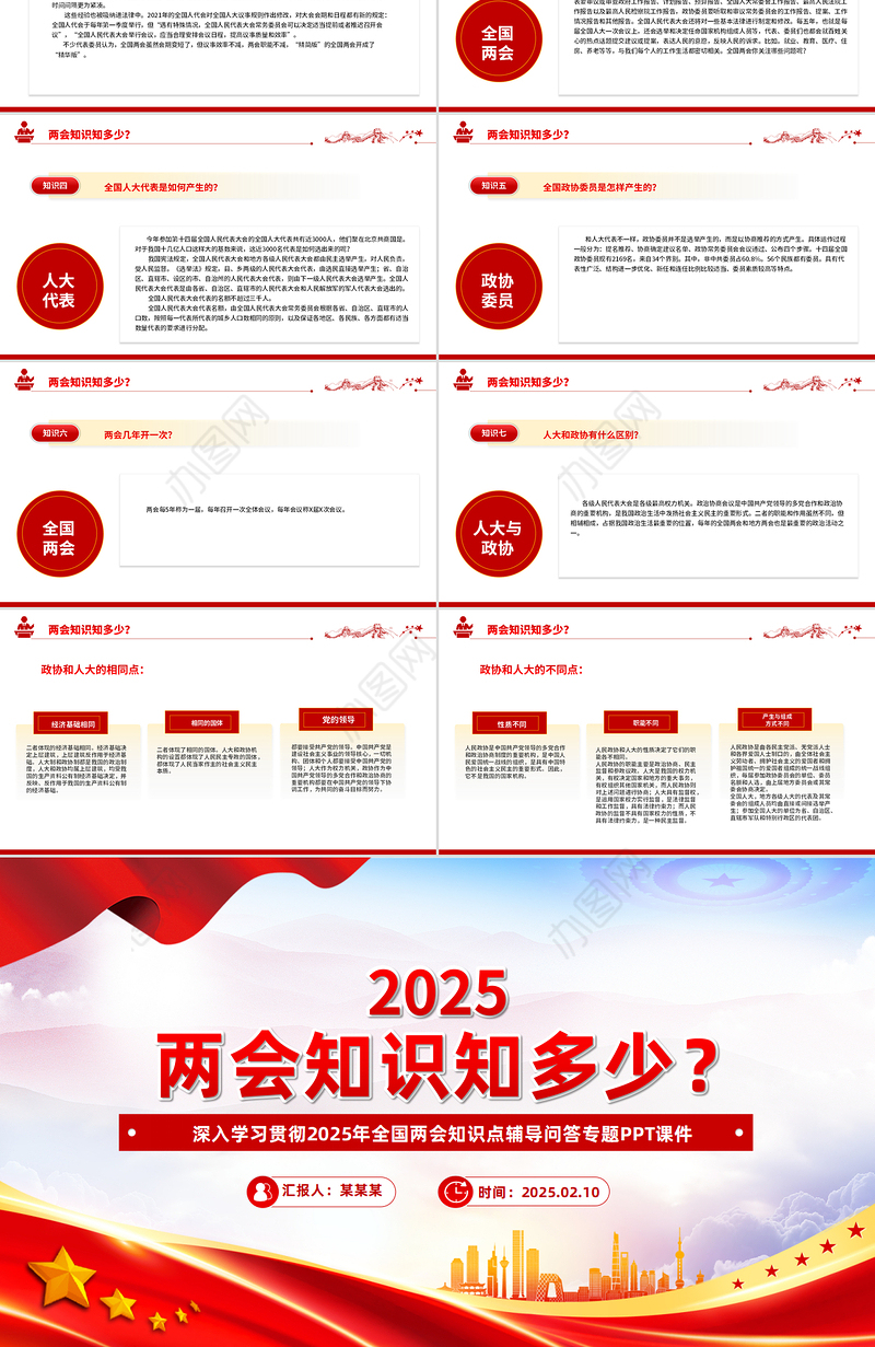 两会知识知点问答PPT红色精美关注两会聚焦民生七个知识点带你了解两会党课课件