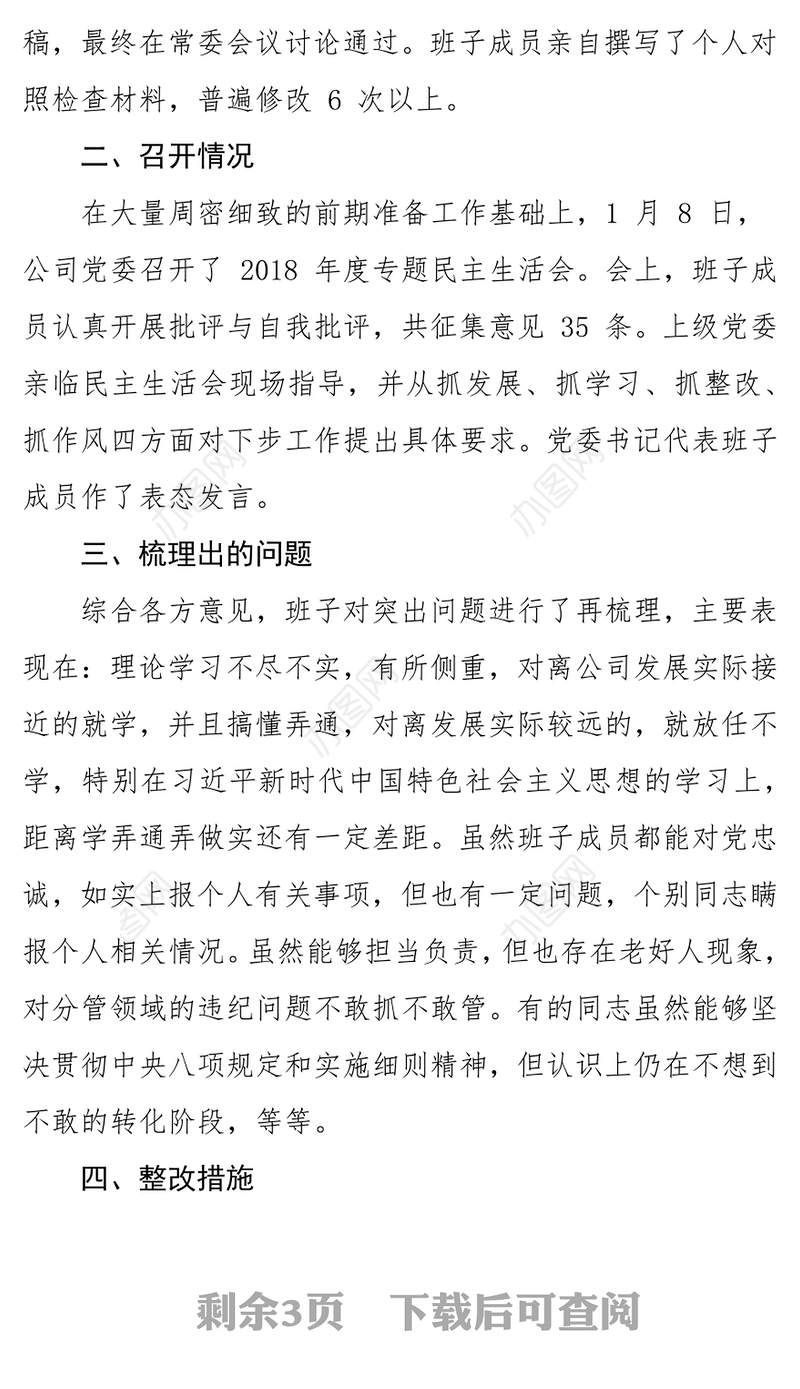 公司民主生活会专题报告(二)