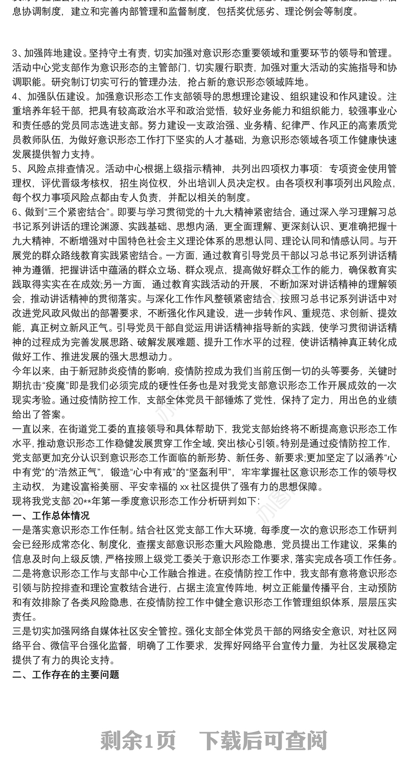某某社区党支部20xx年一季度意识形态工作报告
