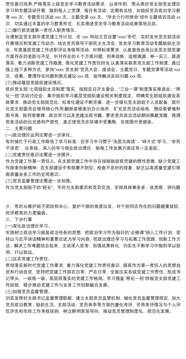 xxx党支部书记抓党建工作第一责任人述职报告