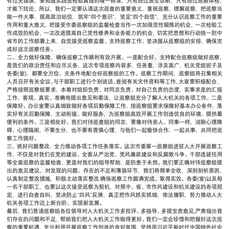 2021政治巡察表态发言