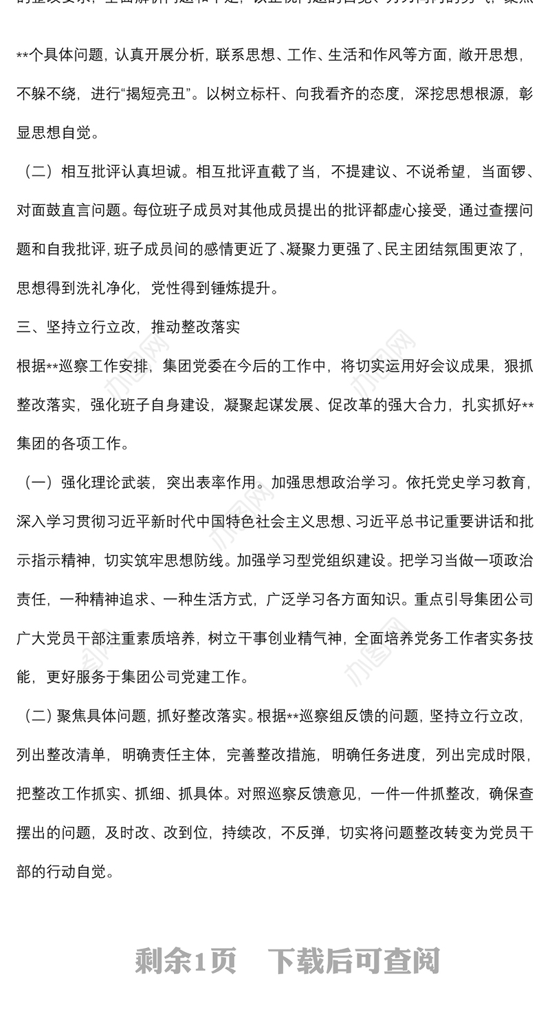 某国有企业巡察整改专题民主生活会召开情况的总结报告