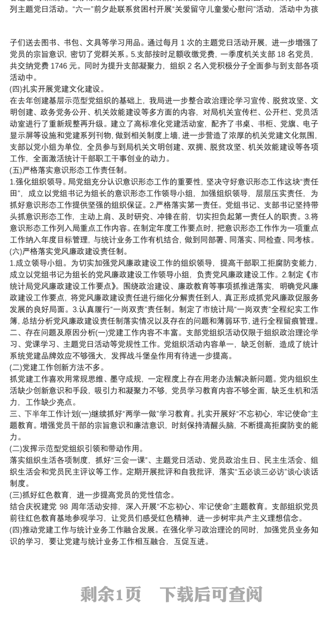 20xx年上半年党支部党建工作总结及下半年计划模板