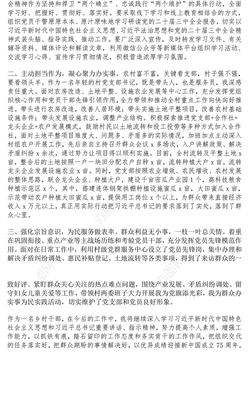 村党支部书记学习党的二十届三中全会精神研讨发言材料