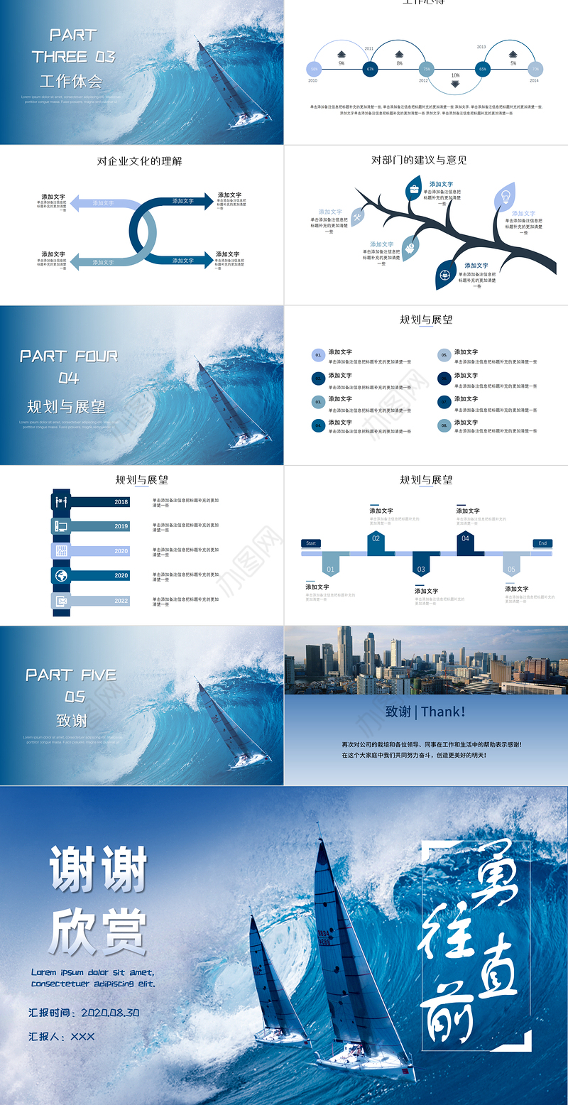 蓝色风帆勇往直前企业文化宣传转正述职报告PPT