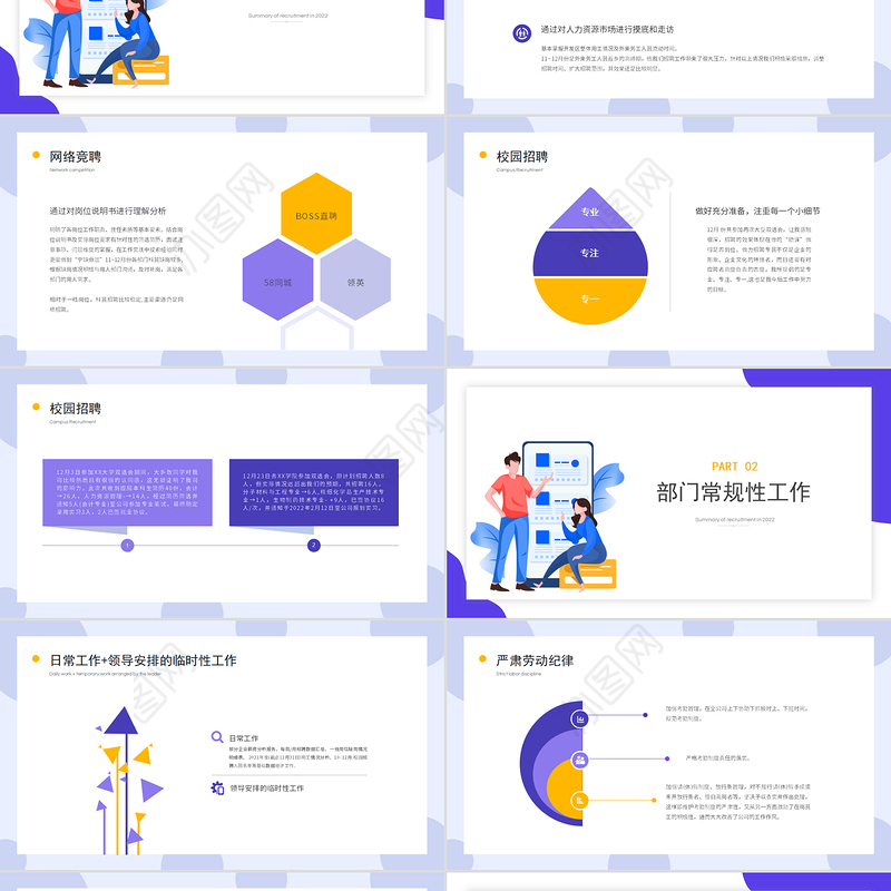 2022招聘总结PPT青莲紫矢量扁平风人力资源部门招聘工作总结暨年度招聘计划模板下载
