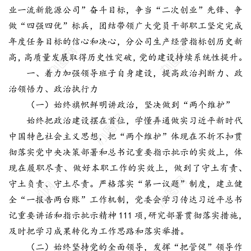 公司领导班子2021年度工作述职报告