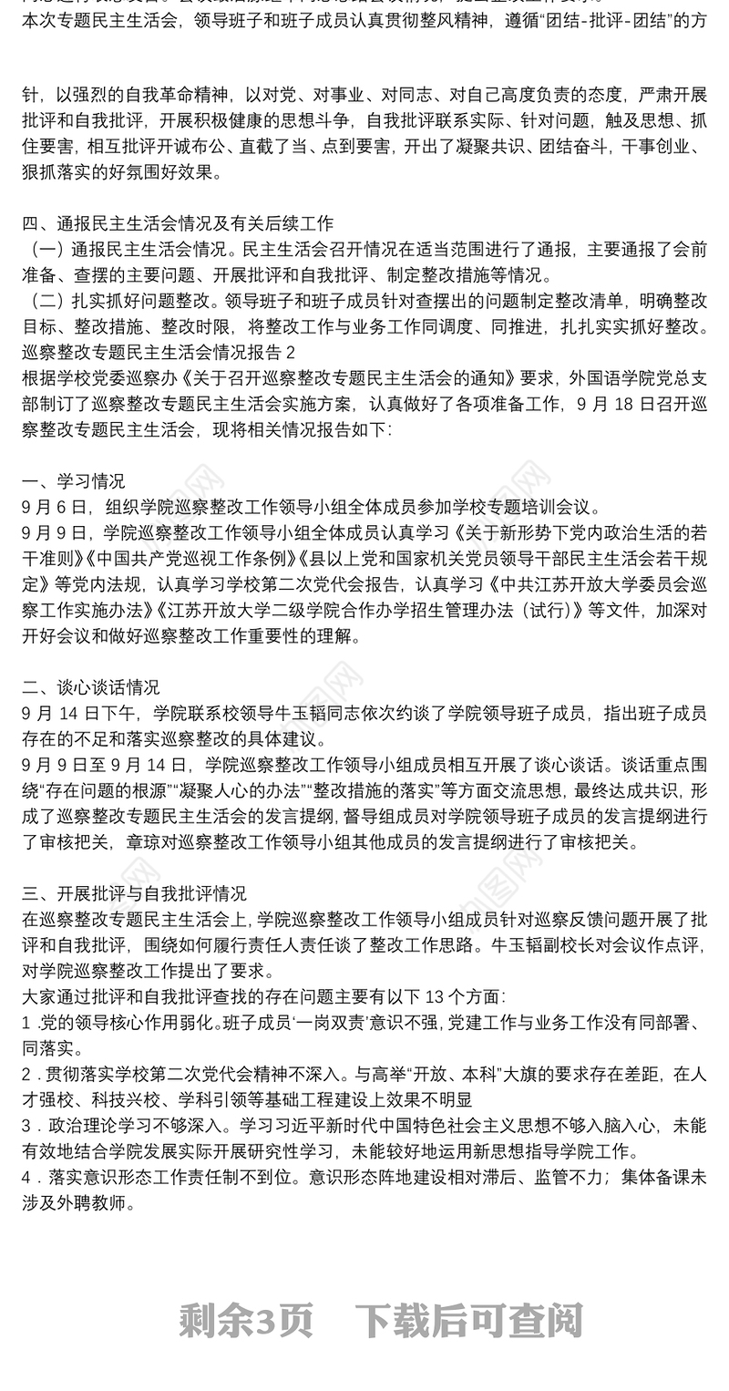 巡察整改专题民主生活会情况报告3篇