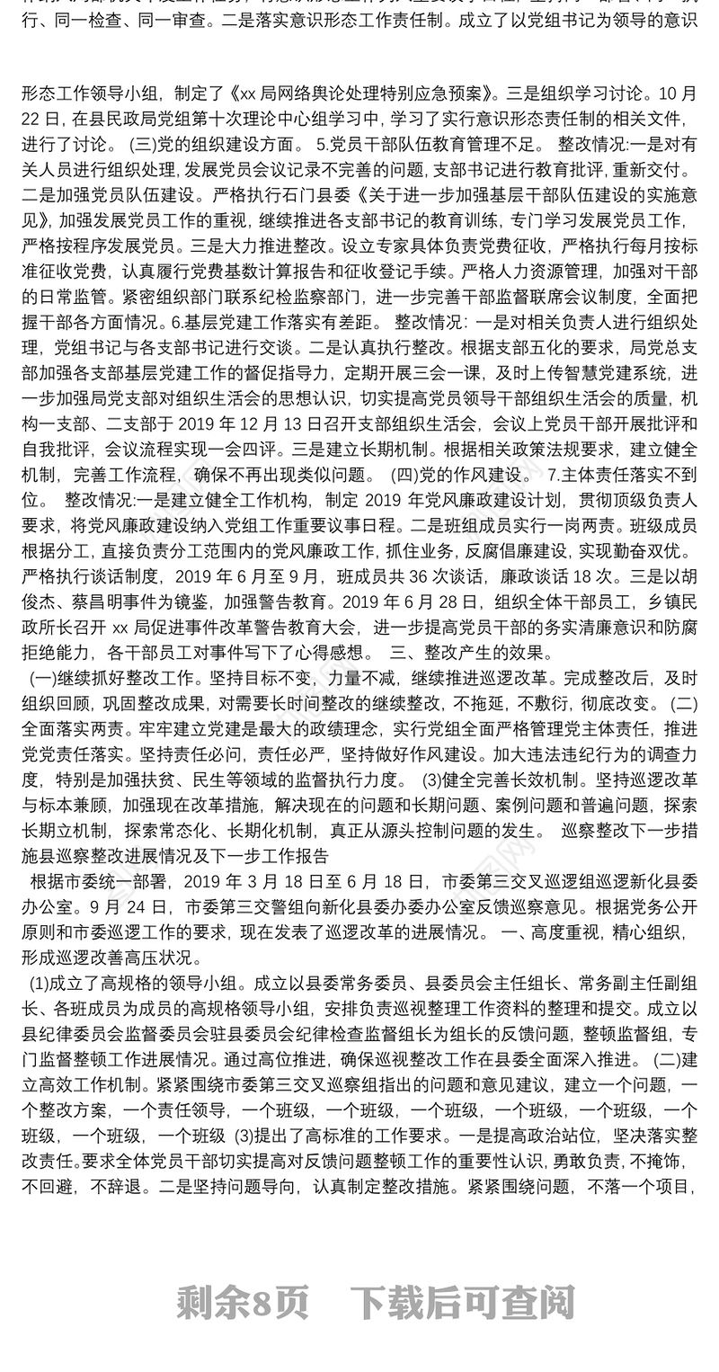 巡察整改下一步措施县巡察整改进展情况及下一步工作报告