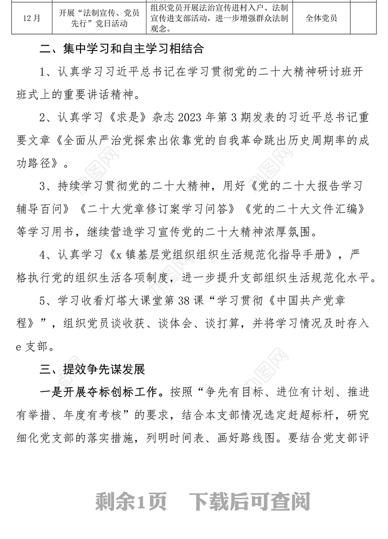 2023年乡镇党支部主题党日活动计划方案表格