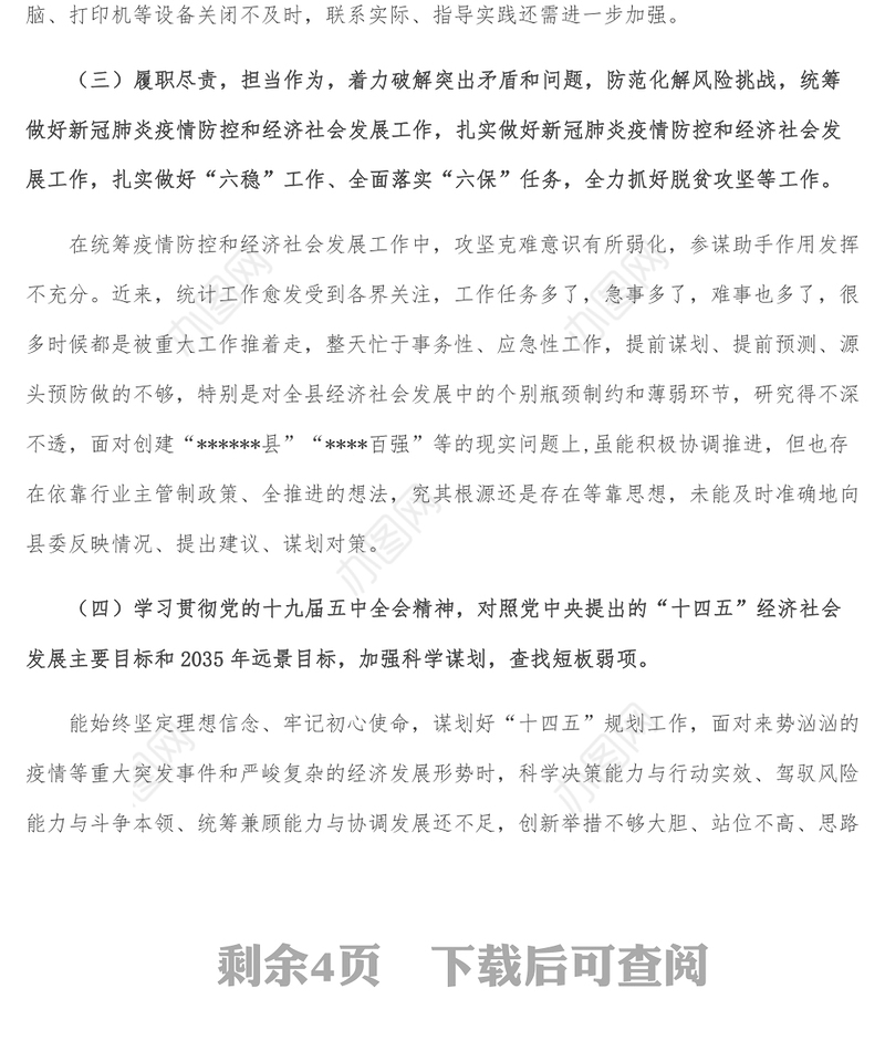 县统计系统民主生活会党组书记发言材料