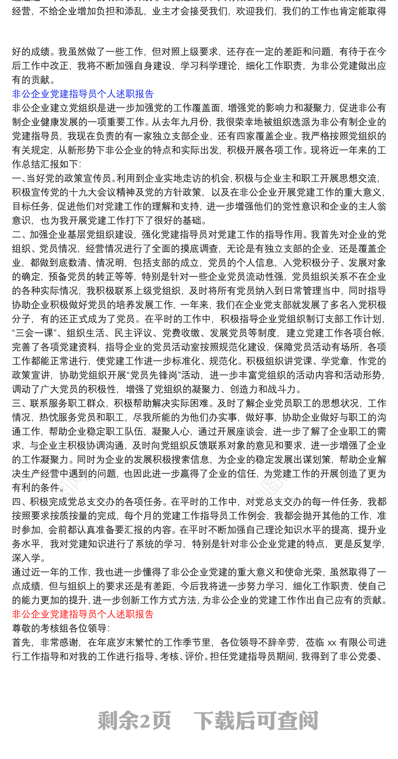 非公企业党建指导员个人述职报告