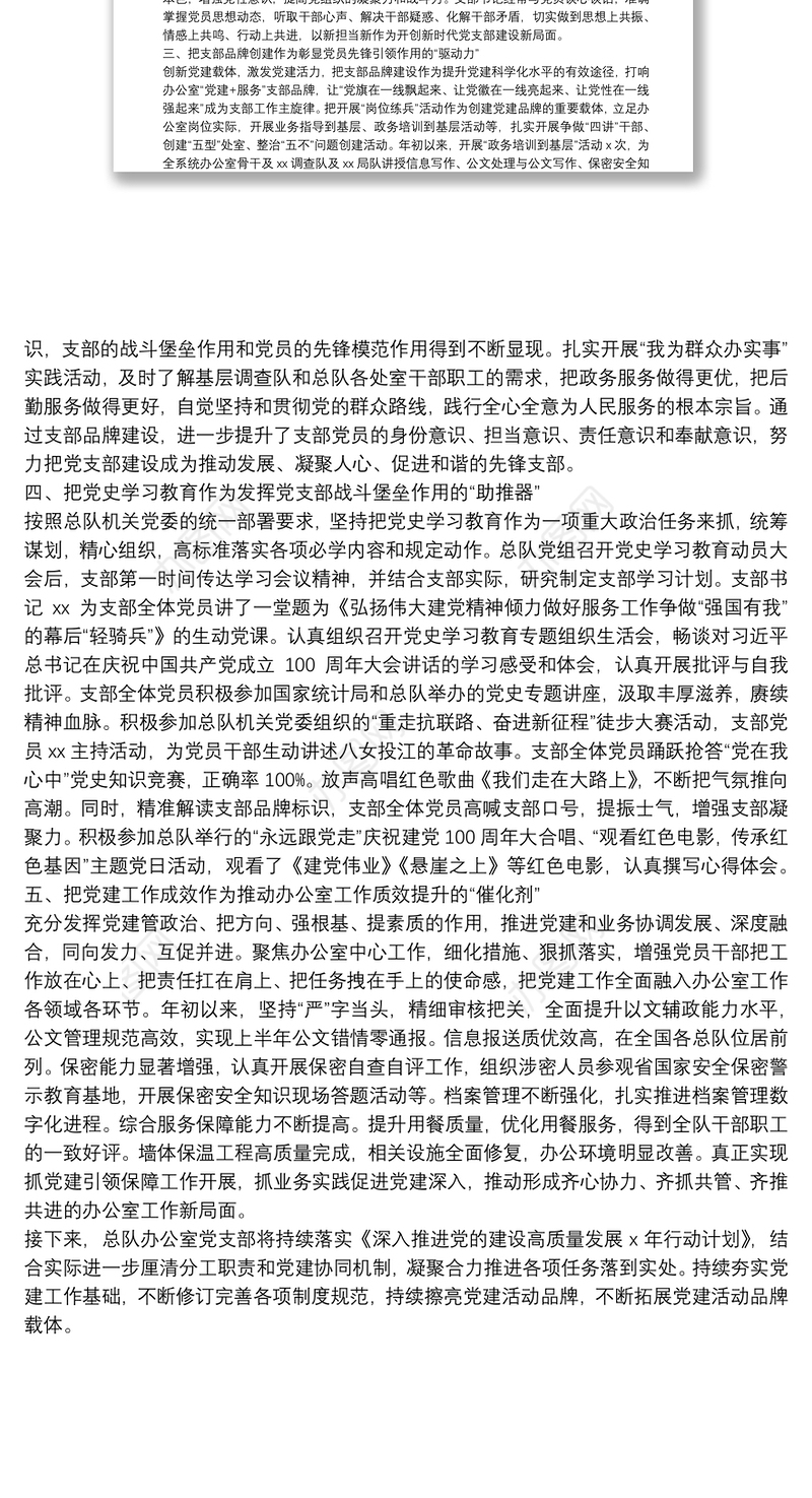 市调查总队办公室党支部2021年党建工作亮点汇报材料