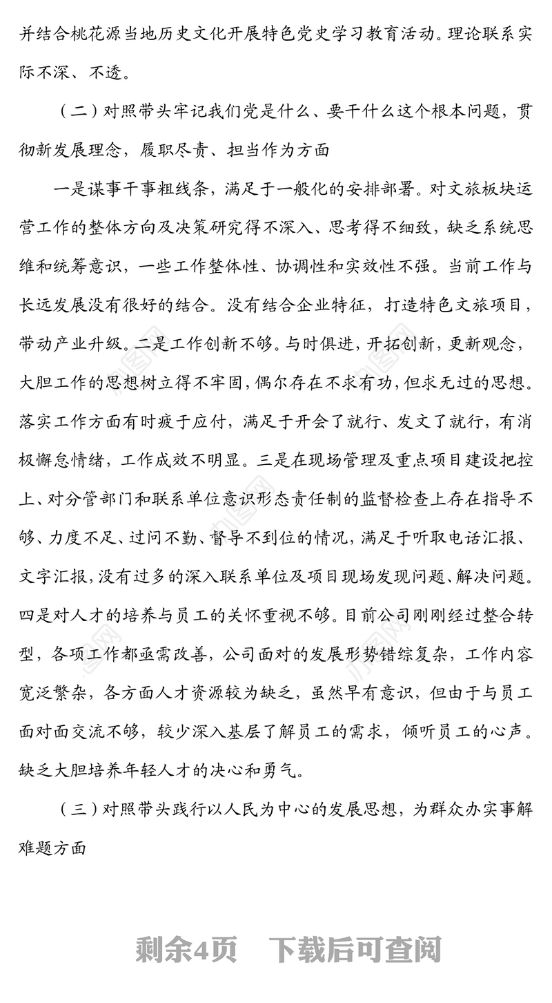 2021年专题民主生活会剖析材料（国企党委委员、副总经理子公司集团董事长）