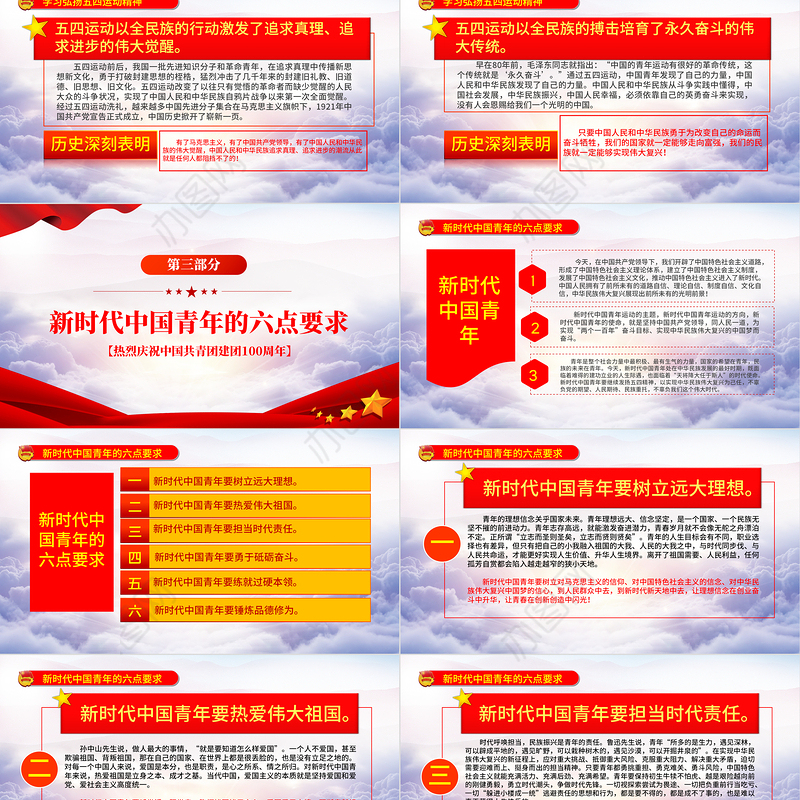 庆祝建团100周年红色大气风热烈庆祝中国共青团成立一百周年青春心向党建功新时代专题党课课件模板