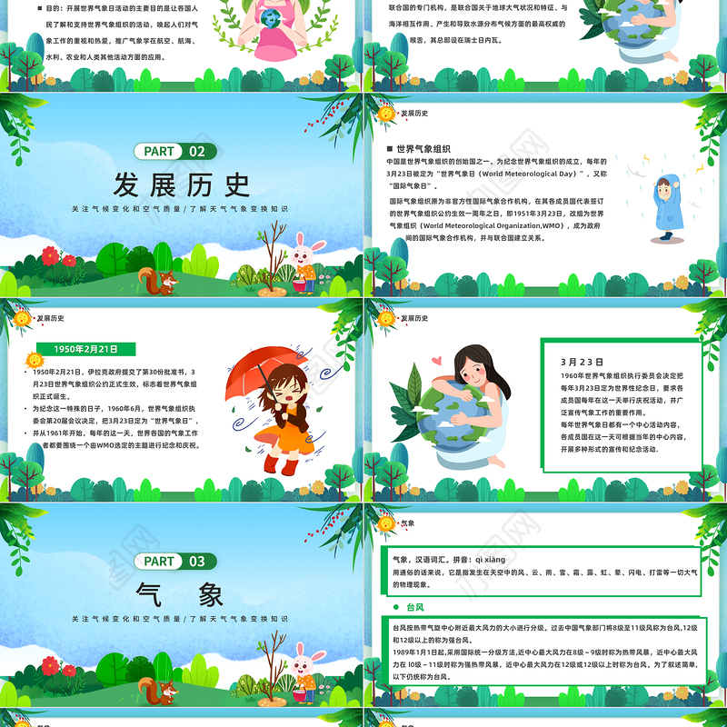 2023世界气象日PPT绿色卡通风关注气候变化和空气质量世界气象日知识介绍课件模板下载