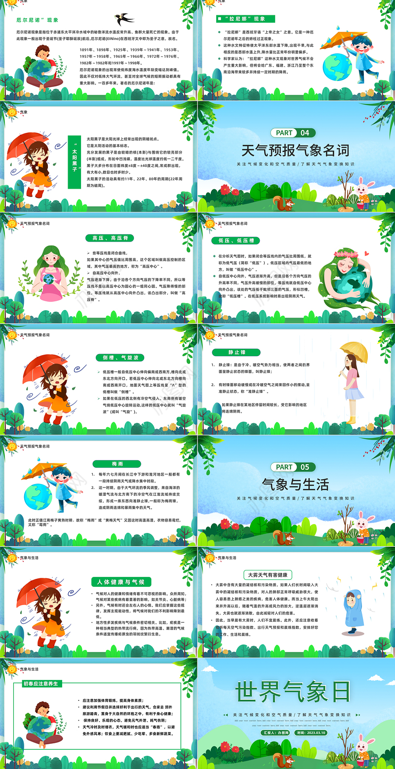 2023世界气象日PPT绿色卡通风关注气候变化和空气质量世界气象日知识介绍课件模板下载
