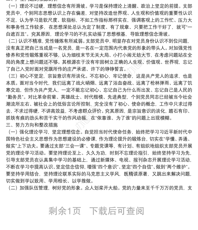 党支部领导班子20**年度组织生活会对照检查材料