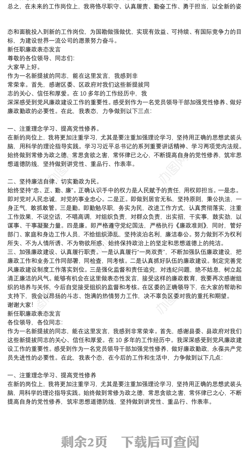 新任职廉政表态发言