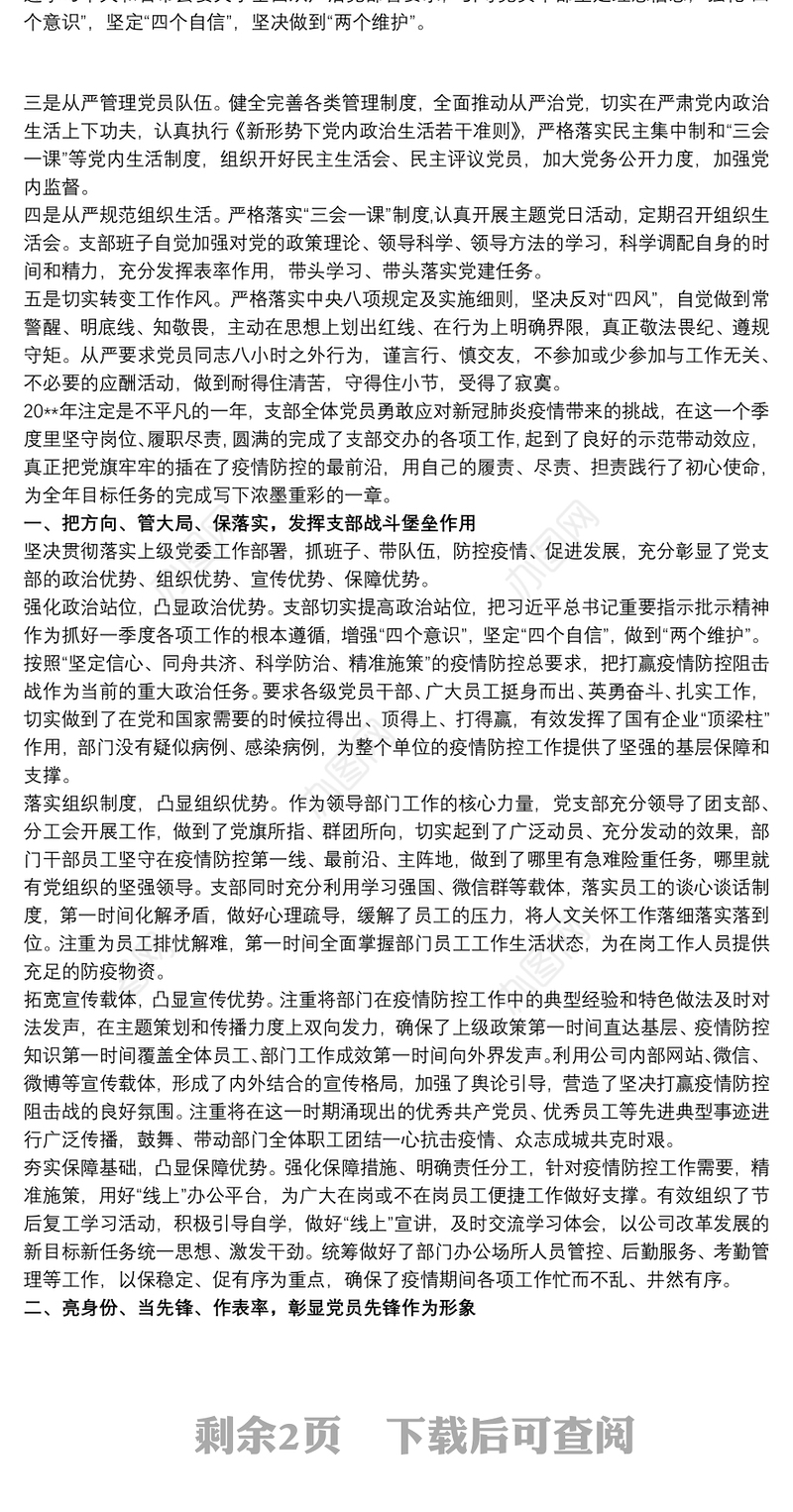 党支部年度季度党建工作总结