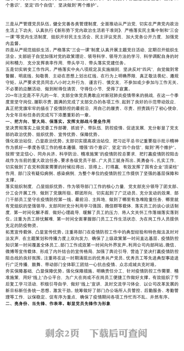 党支部年度季度党建工作总结