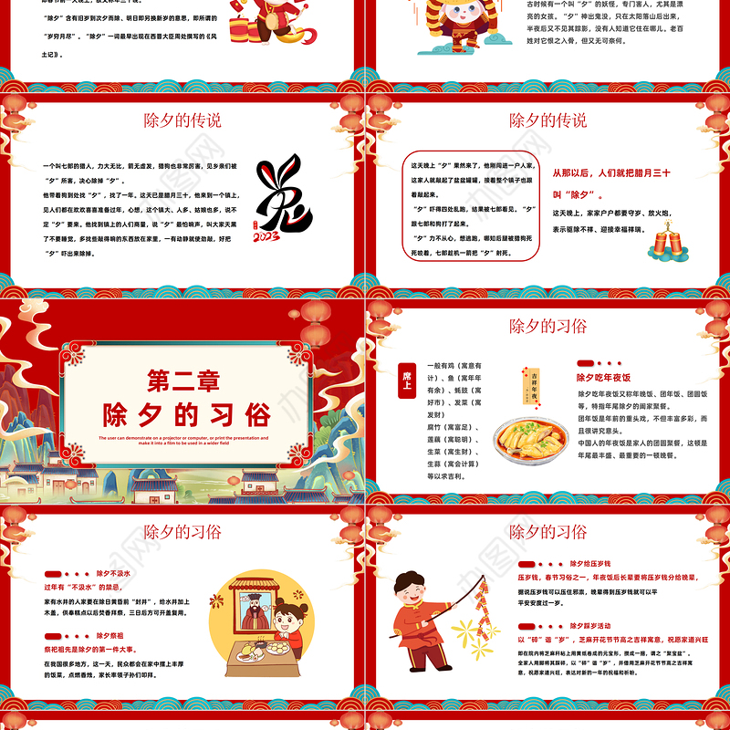 2023除夕快乐PPT国潮风兔年春节除夕习俗知识主题班会课件模板