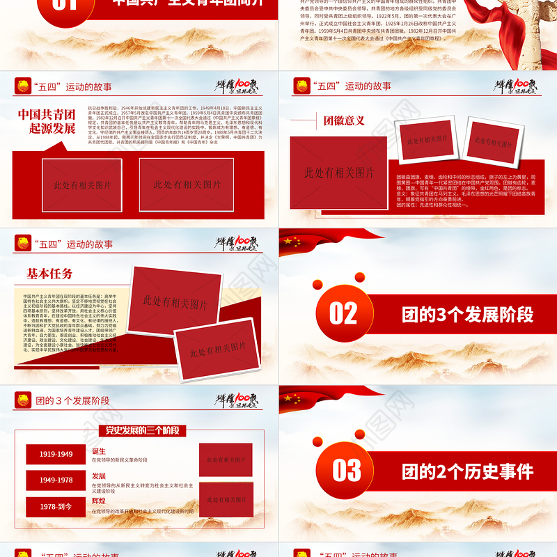 百年光辉历程中国共青团团史PPT红色精品庆祝共青团团史100周年专题党课课件模板下载