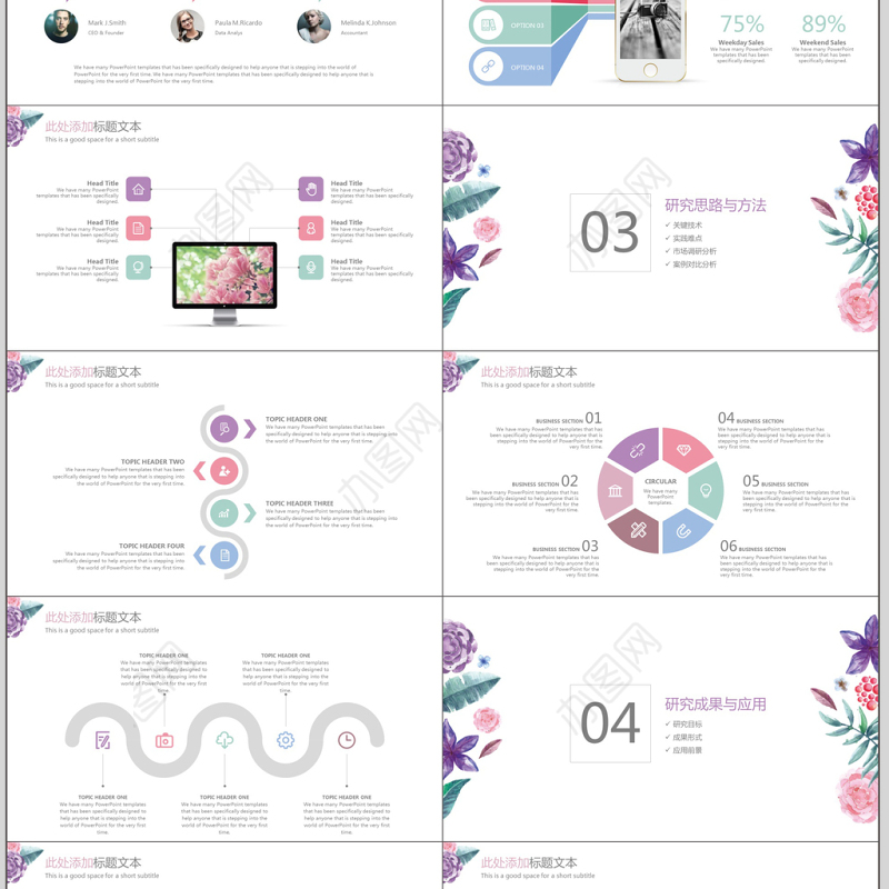 小清新水彩花卉毕业答辩模板