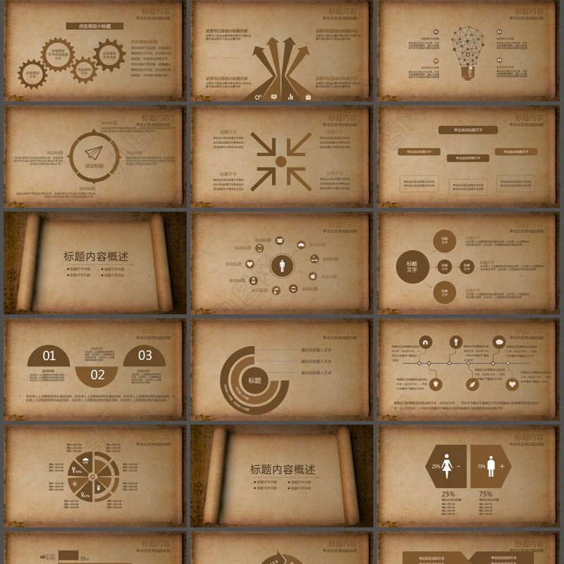 2021工作总结ppt复古牛皮纸卷轴模板
