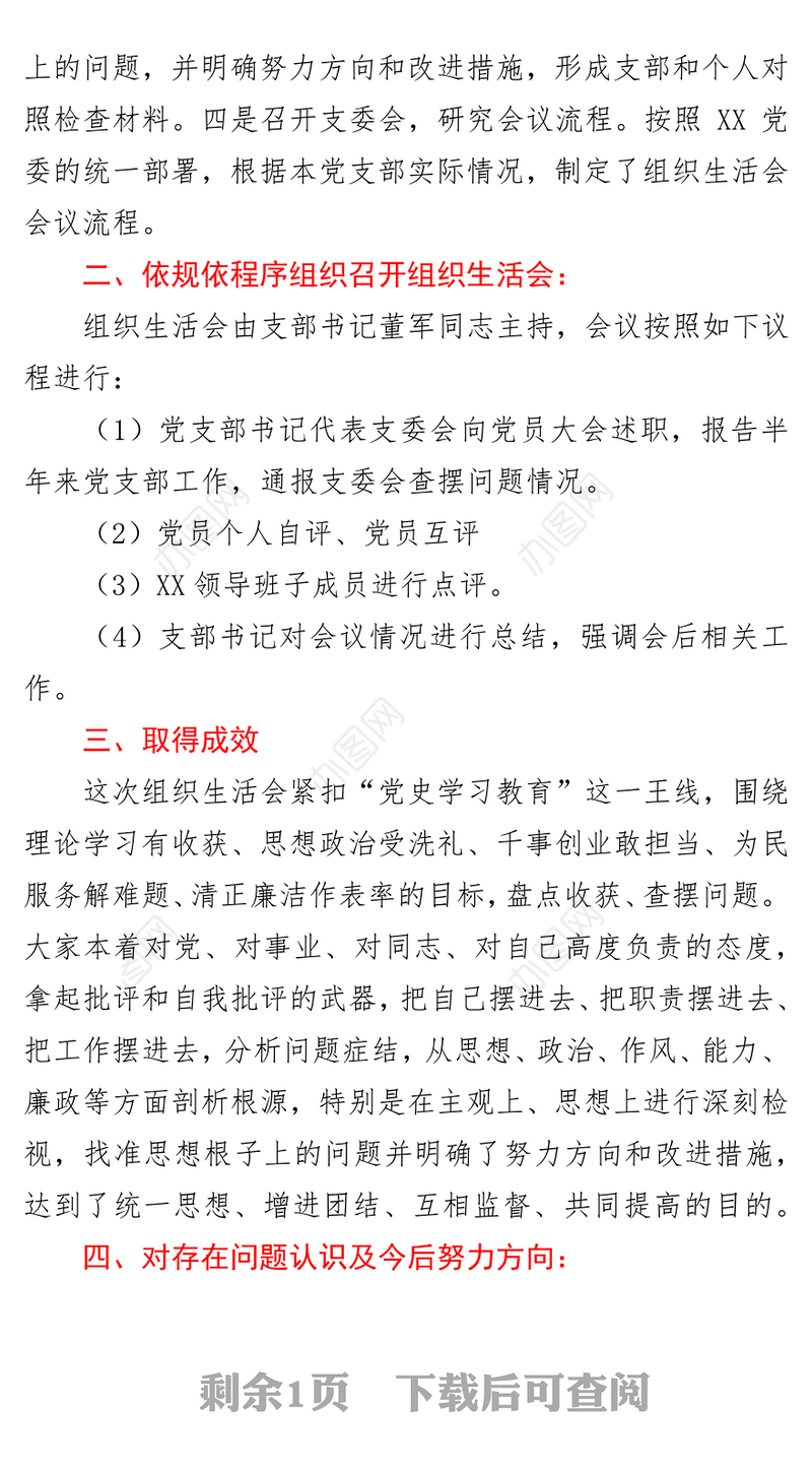 2021党支部党史学习教育专题组织生活会情况报告